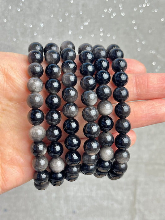 Sølv Obsidian armbånd 8mm+