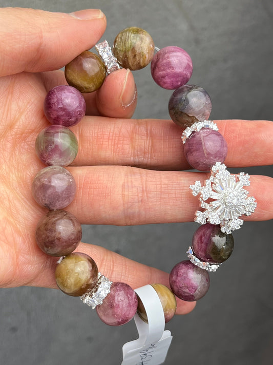 Vannmelon Turmalin- Håndlaget armbånd,12mm+