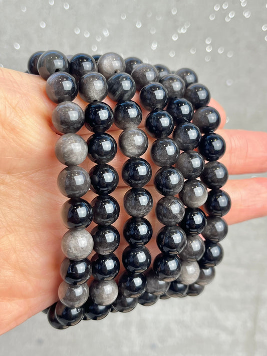 Sølv Obsidian armbånd 8mm+