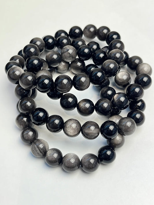 Sølv Obsidian armbånd 10mm+