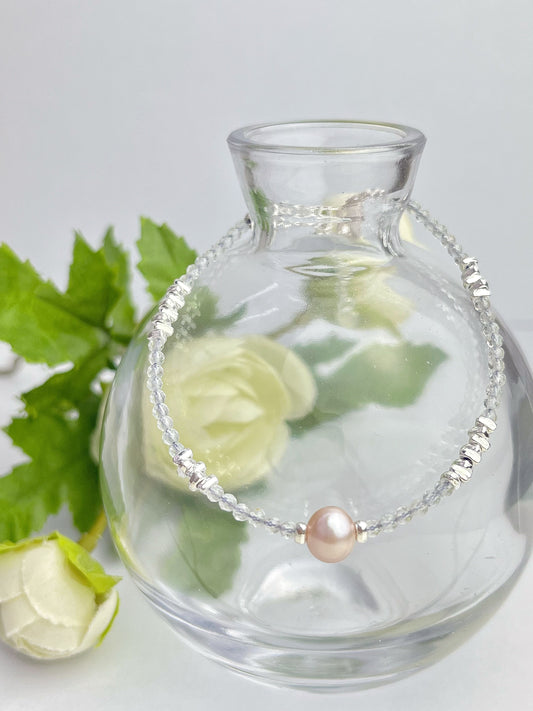 Akvamarin og perler- Håndlaget armbånd med karabinlås